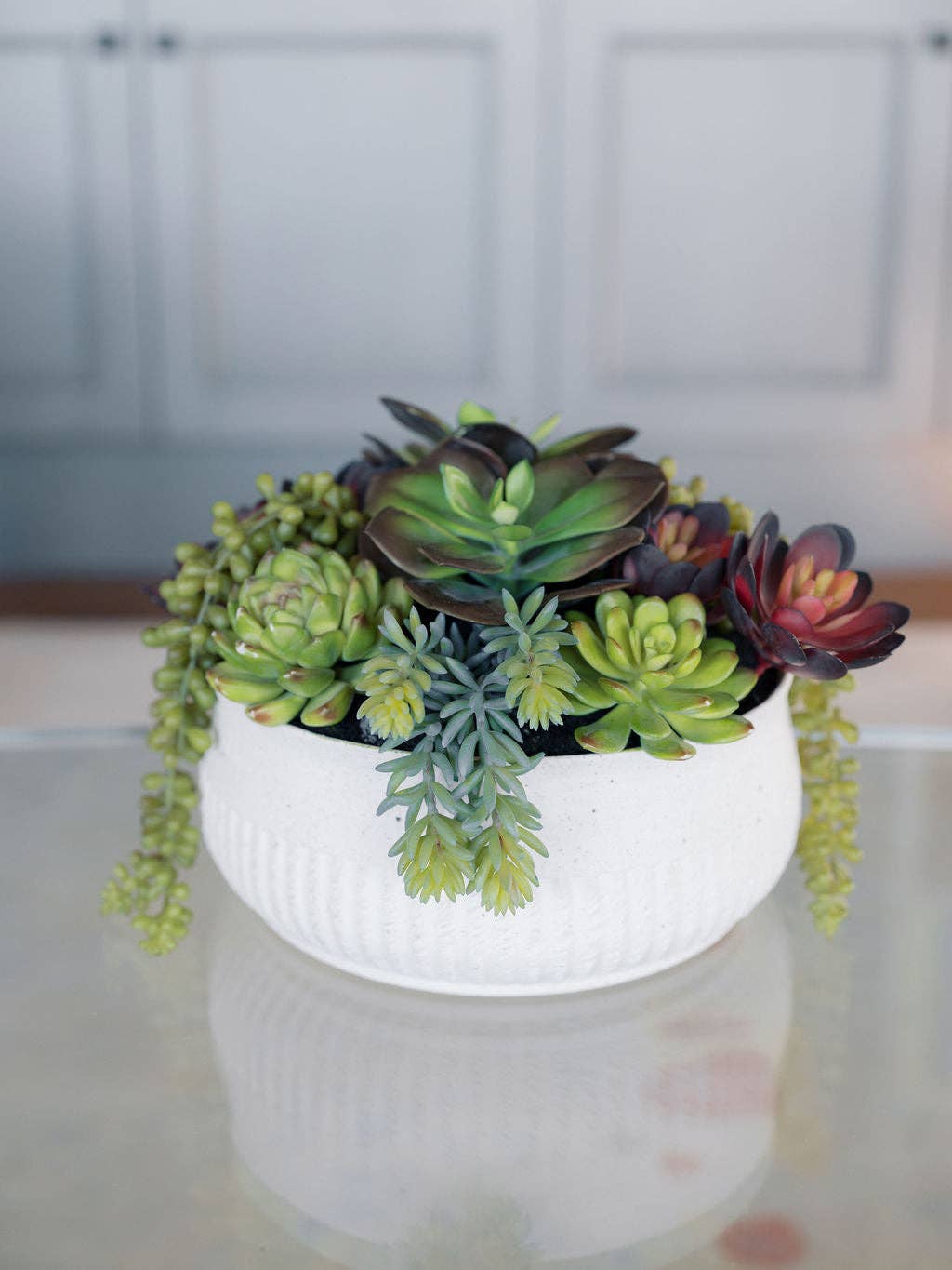 Faux Succulent Arrangement, Potted, Round Pot, White, 12 in