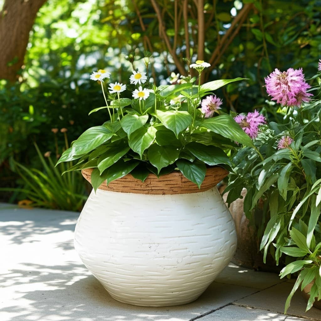 Plant Pot - White/Tan Ceramic Round Tapered Textured, 8 in.