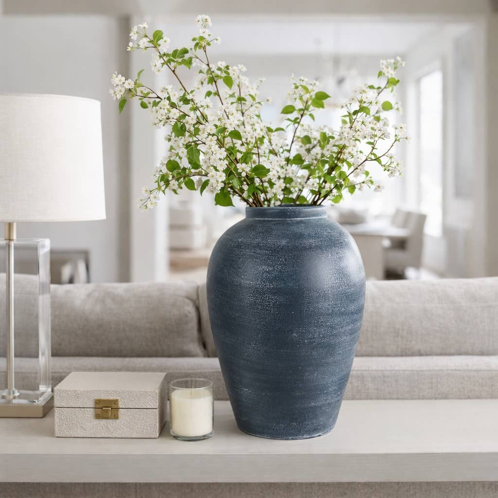 Decorative Vase - Blue Terracotta Distressed Finish, 15 in.
