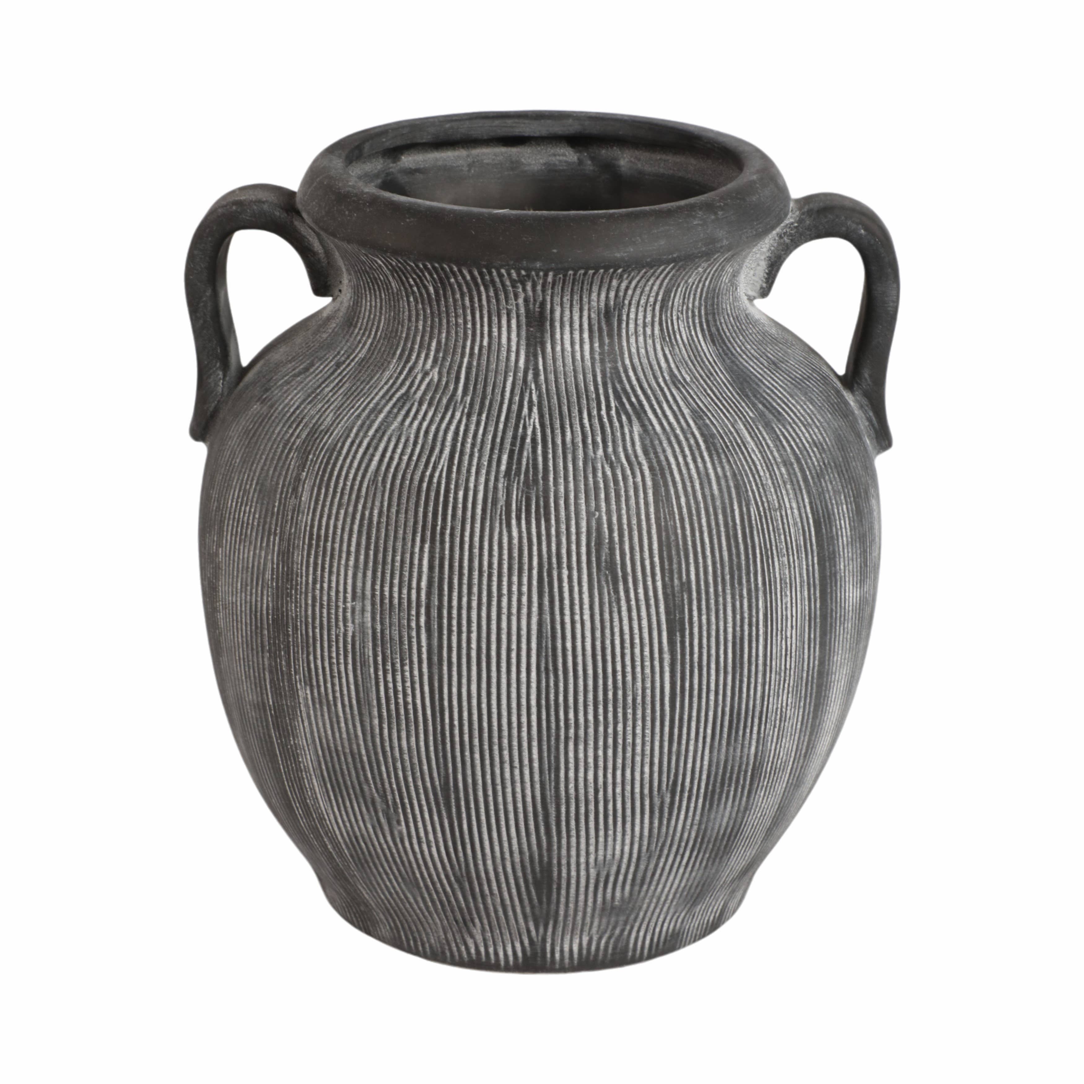 Decorative Vase - Black Ceramic Ribbed Weathered Handle,10in