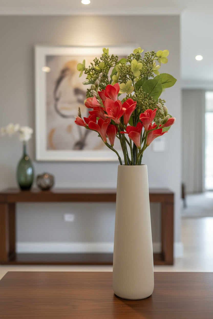 Artificial Real Touch Freesia Stems in Tall Taupe Ceramic Vase 13.5-inches