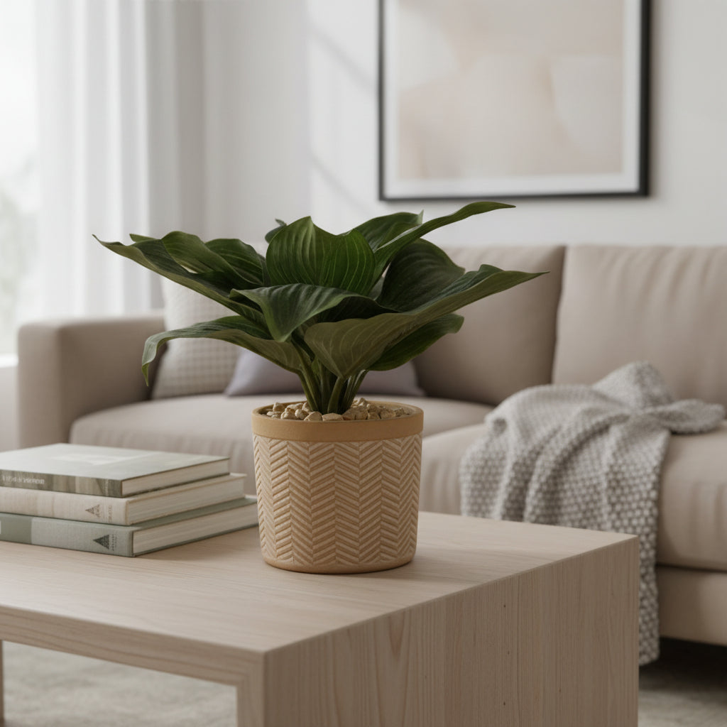 Artificial 7-inch Hosta Plant in Ceramic Vase with Chevron Design Faux