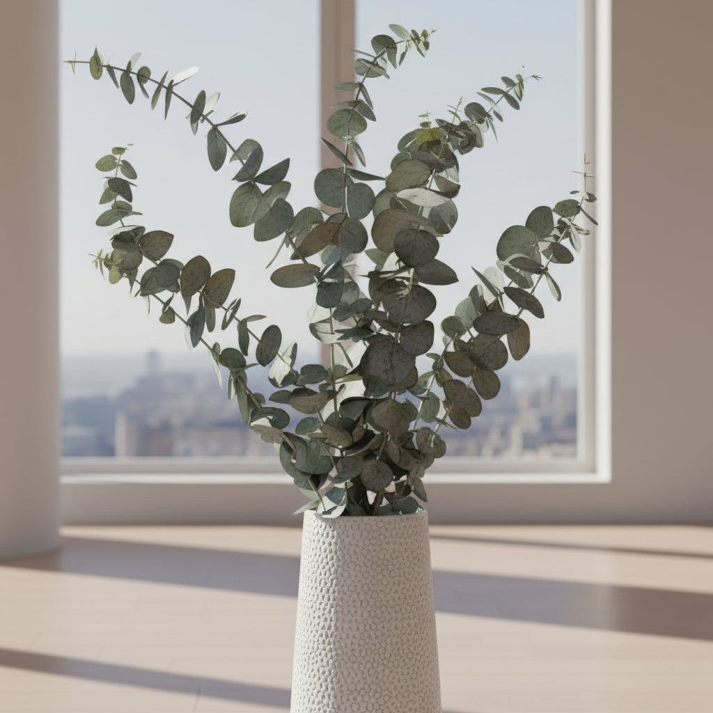 Single Stem  Eucalyptus in Textured Pebble Finish Vase