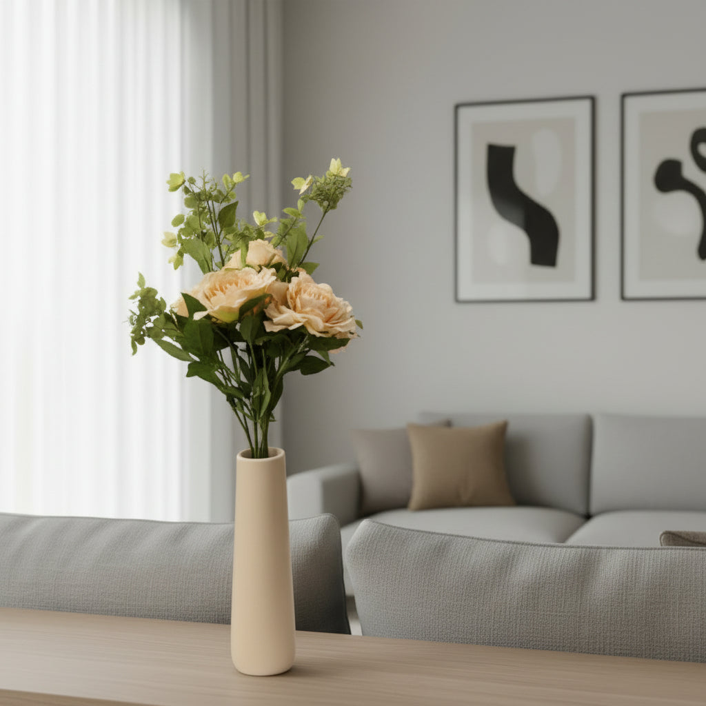 Peony Stems, Real Touch in Taupe Pebble Textured Ceramic Tall Vase, Modern Minimalist