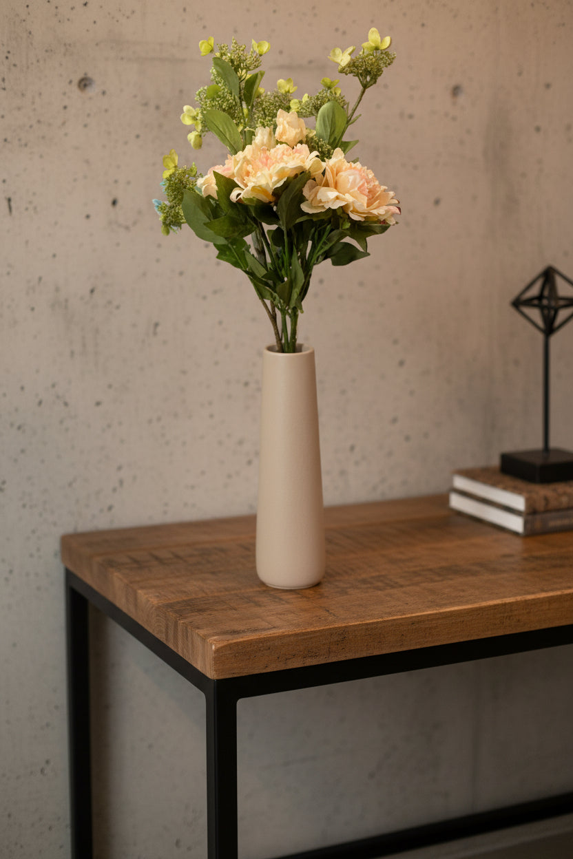 Peony Stems, Real Touch in Taupe Pebble Textured Ceramic Tall Vase, Modern Minimalist