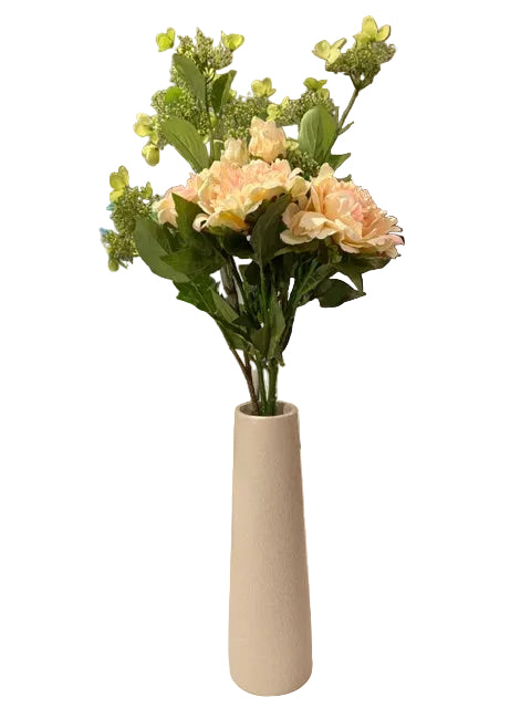Peony Stems, Real Touch in Taupe Pebble Textured Ceramic Tall Vase, Modern Minimalist