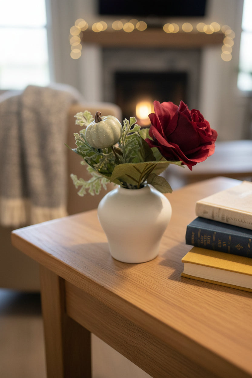 Artificial Winter Rose Arrangement in a White Ceramic Urn Vase 4-inches