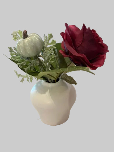 Artificial Winter Rose Arrangement in a White Ceramic Urn Vase 4-inches