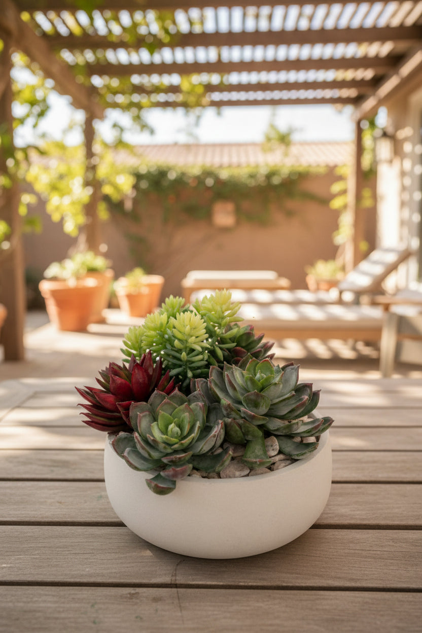 Artificial Echeveria Succulent in Round Handcrafted Cement Bowl