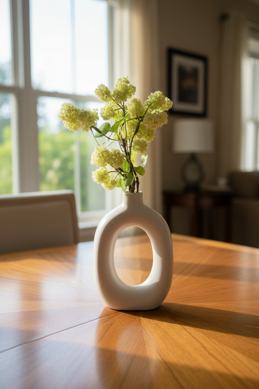 Artificial Viburnum Spray Arrangement in Handcrafted Circular Ceramic Vase, 8 Inch