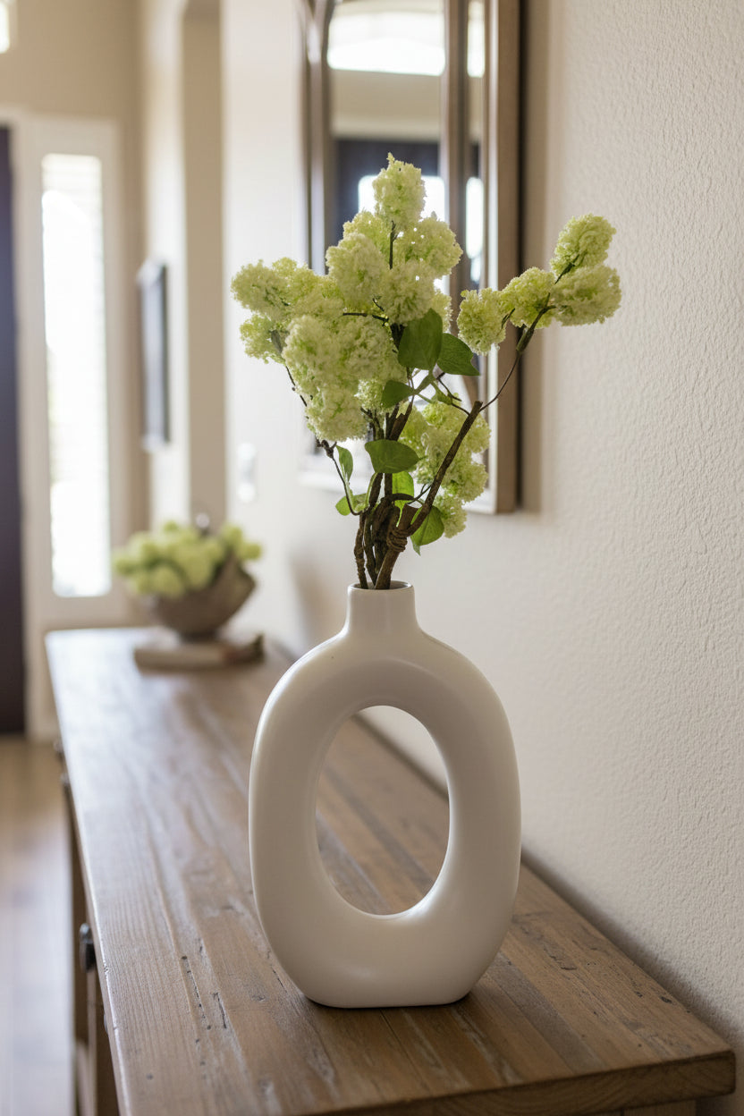 Artificial Viburnum Spray Arrangement in Handcrafted Circular Ceramic Vase, 8 Inch